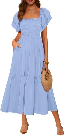 MASCOMODA Womens Summer Casual Midi Dress Square Neck Ruffle Short Sleeve Smocked High Waist A Line Wedding Guest Dresses