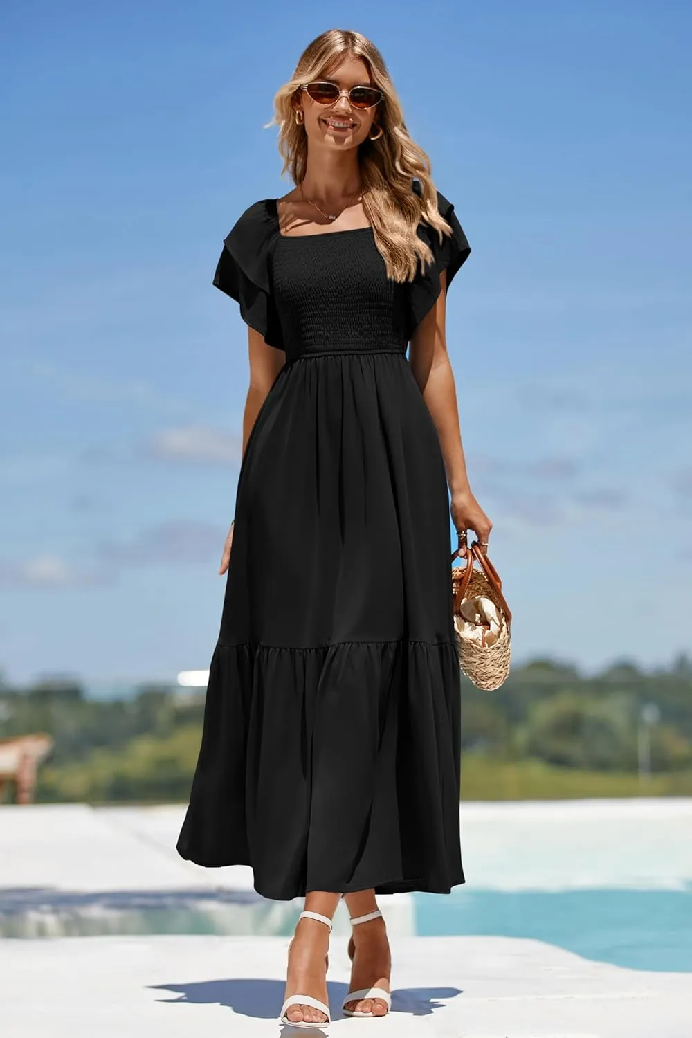 MASCOMODA Womens Summer Casual Midi Dress Square Neck Ruffle Short Sleeve Smocked High Waist A Line Wedding Guest Dresses