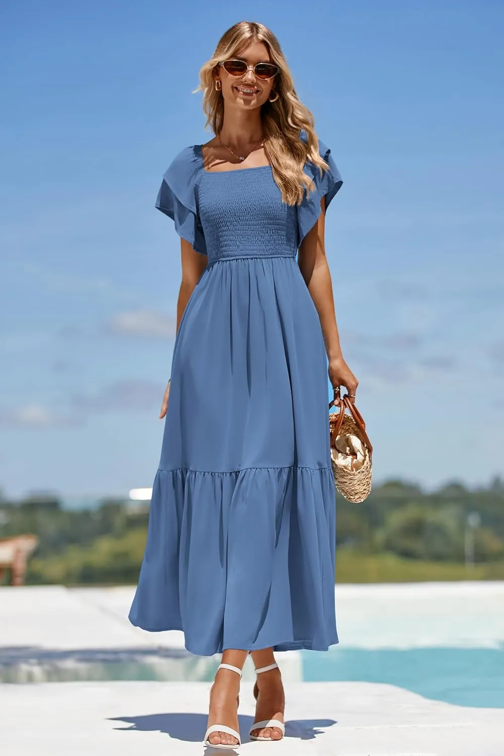 MASCOMODA Womens Summer Casual Midi Dress Square Neck Ruffle Short Sleeve Smocked High Waist A Line Wedding Guest Dresses