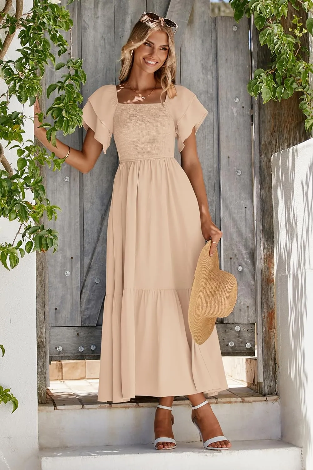 MASCOMODA Womens Summer Casual Midi Dress Square Neck Ruffle Short Sleeve Smocked High Waist A Line Wedding Guest Dresses
