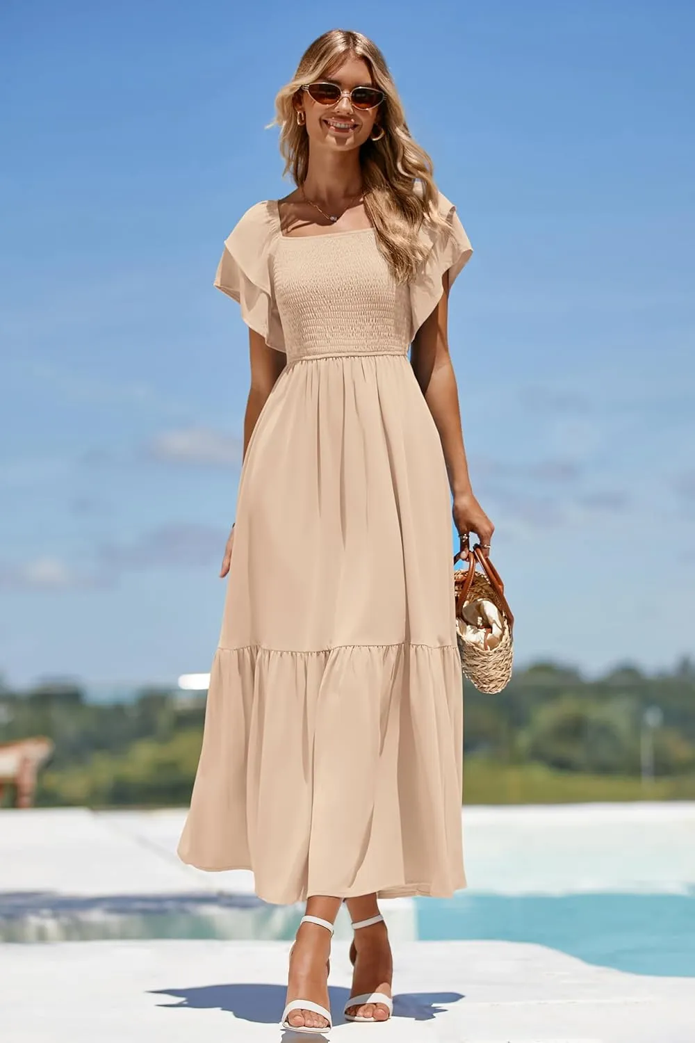 MASCOMODA Womens Summer Casual Midi Dress Square Neck Ruffle Short Sleeve Smocked High Waist A Line Wedding Guest Dresses