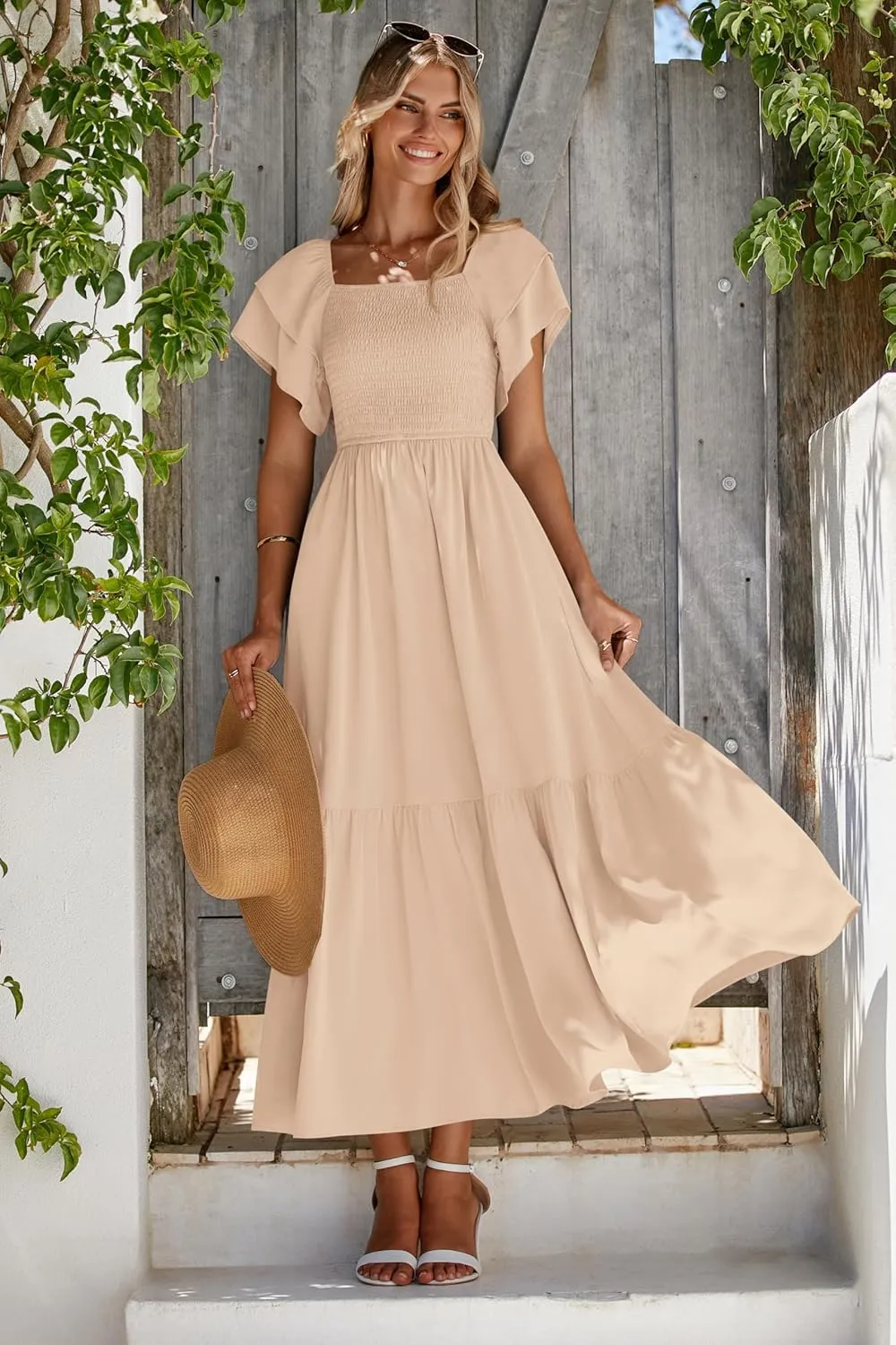 MASCOMODA Womens Summer Casual Midi Dress Square Neck Ruffle Short Sleeve Smocked High Waist A Line Wedding Guest Dresses