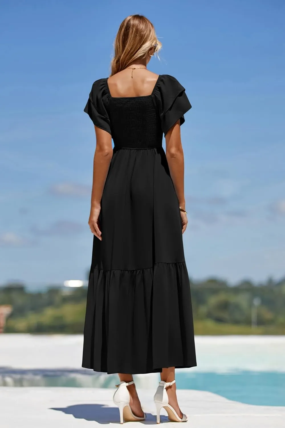 MASCOMODA Womens Summer Casual Midi Dress Square Neck Ruffle Short Sleeve Smocked High Waist A Line Wedding Guest Dresses