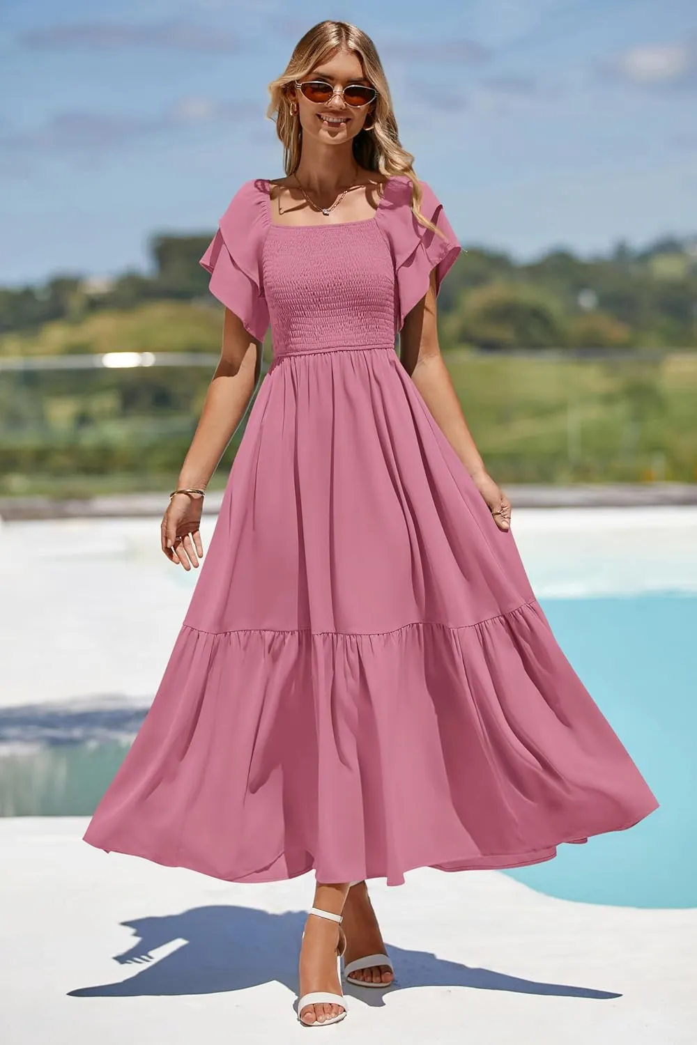 MASCOMODA Womens Summer Casual Midi Dress Square Neck Ruffle Short Sleeve Smocked High Waist A Line Wedding Guest Dresses