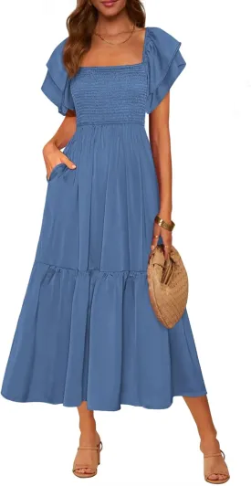 MASCOMODA Womens Summer Casual Midi Dress Square Neck Ruffle Short Sleeve Smocked High Waist A Line Wedding Guest Dresses