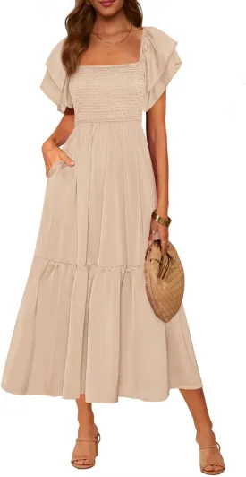MASCOMODA Womens Summer Casual Midi Dress Square Neck Ruffle Short Sleeve Smocked High Waist A Line Wedding Guest Dresses