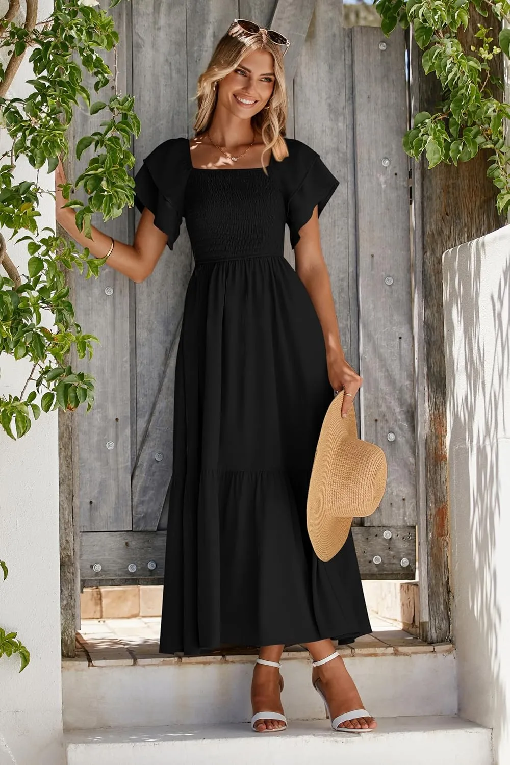 MASCOMODA Womens Summer Casual Midi Dress Square Neck Ruffle Short Sleeve Smocked High Waist A Line Wedding Guest Dresses
