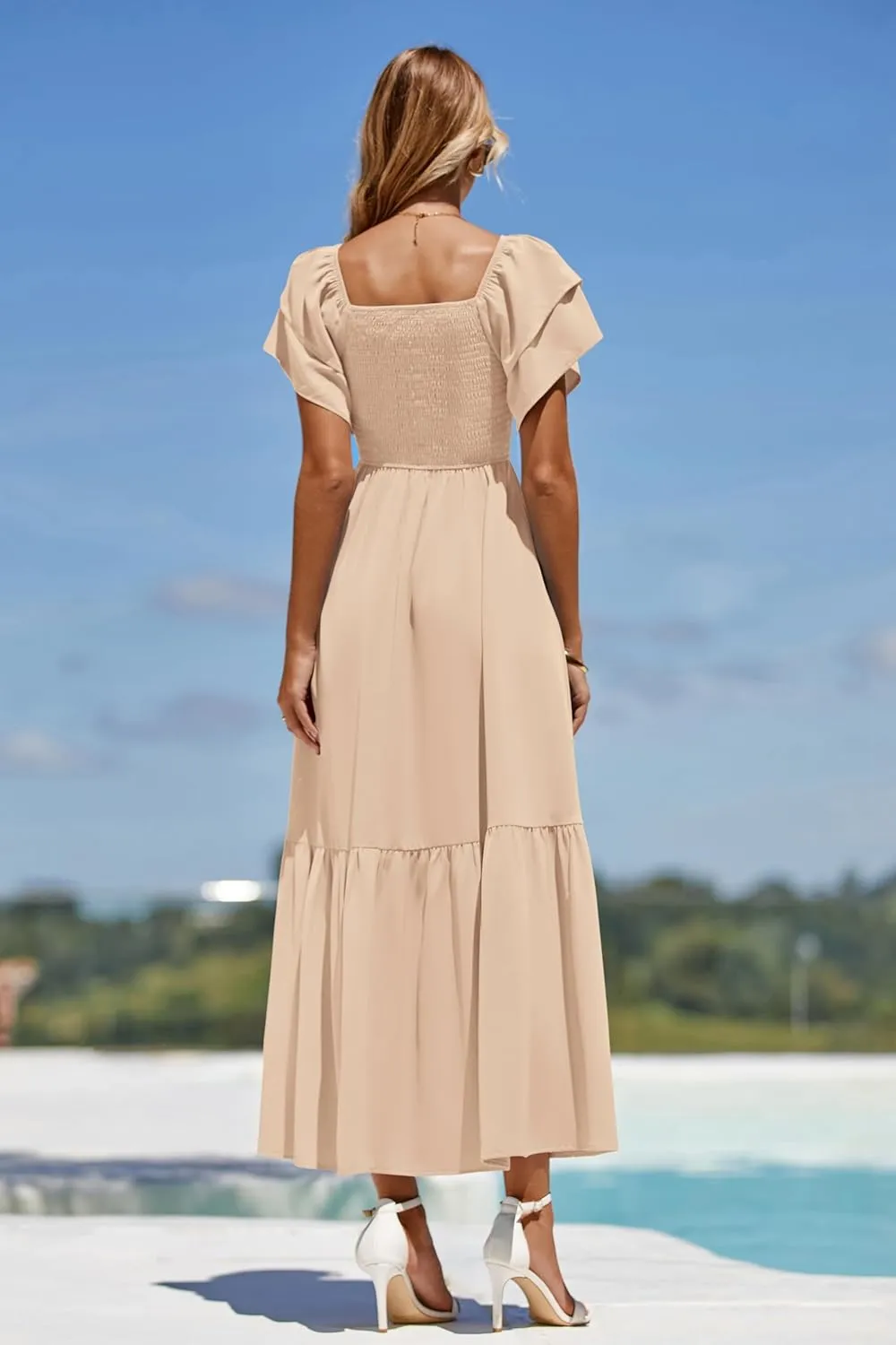 MASCOMODA Womens Summer Casual Midi Dress Square Neck Ruffle Short Sleeve Smocked High Waist A Line Wedding Guest Dresses