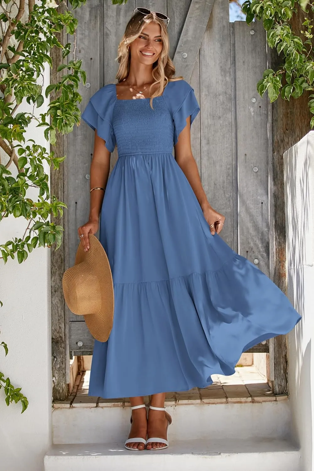 MASCOMODA Womens Summer Casual Midi Dress Square Neck Ruffle Short Sleeve Smocked High Waist A Line Wedding Guest Dresses
