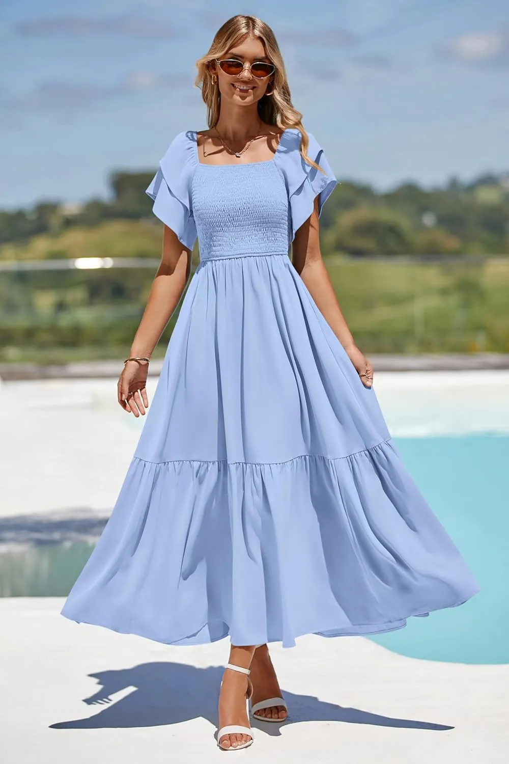 MASCOMODA Womens Summer Casual Midi Dress Square Neck Ruffle Short Sleeve Smocked High Waist A Line Wedding Guest Dresses