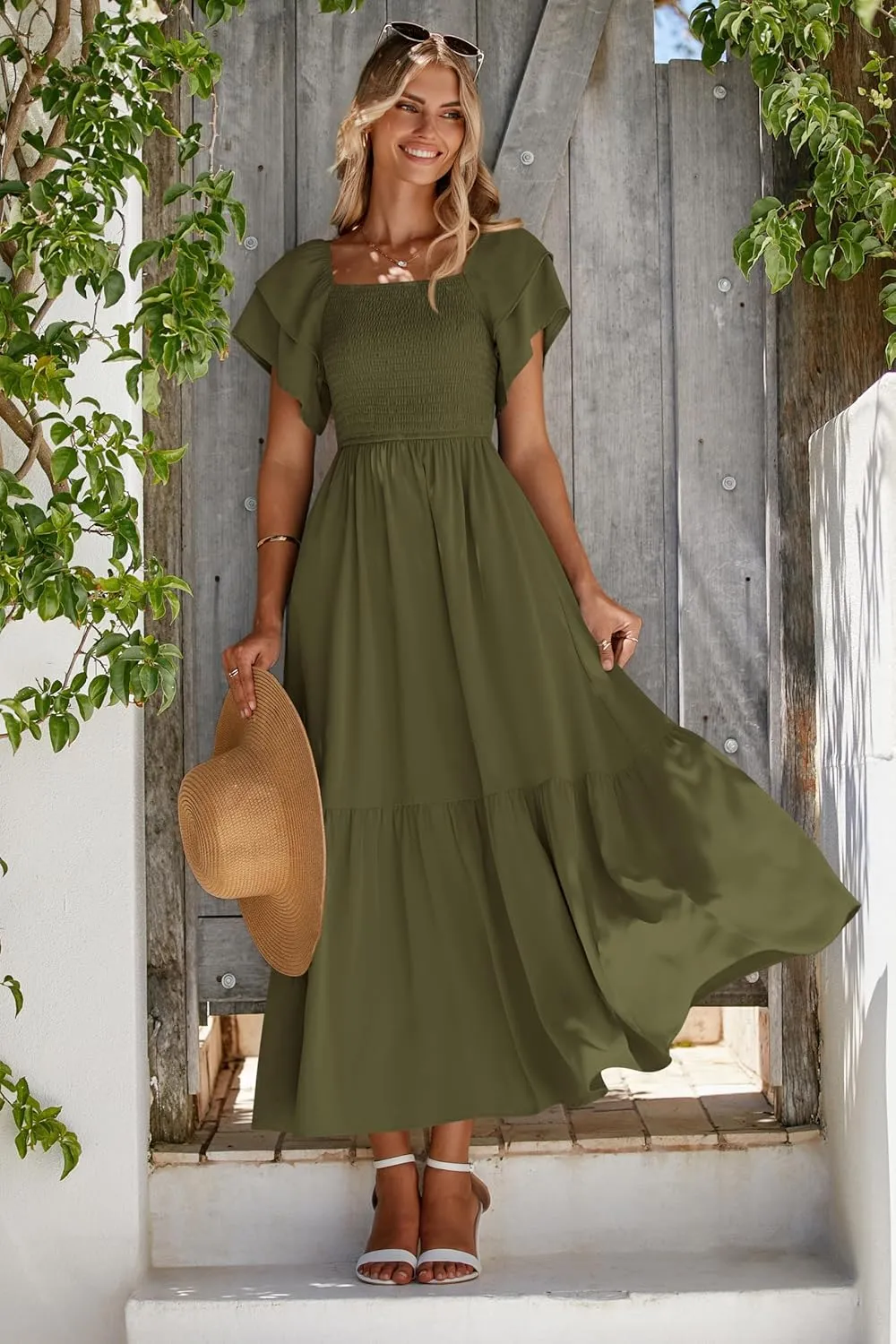 MASCOMODA Womens Summer Casual Midi Dress Square Neck Ruffle Short Sleeve Smocked High Waist A Line Wedding Guest Dresses