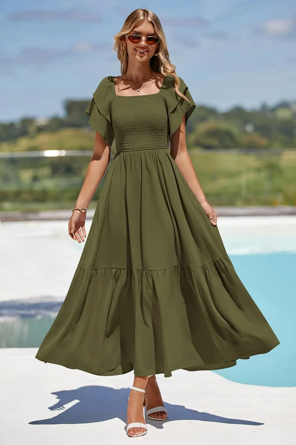MASCOMODA Womens Summer Casual Midi Dress Square Neck Ruffle Short Sleeve Smocked High Waist A Line Wedding Guest Dresses