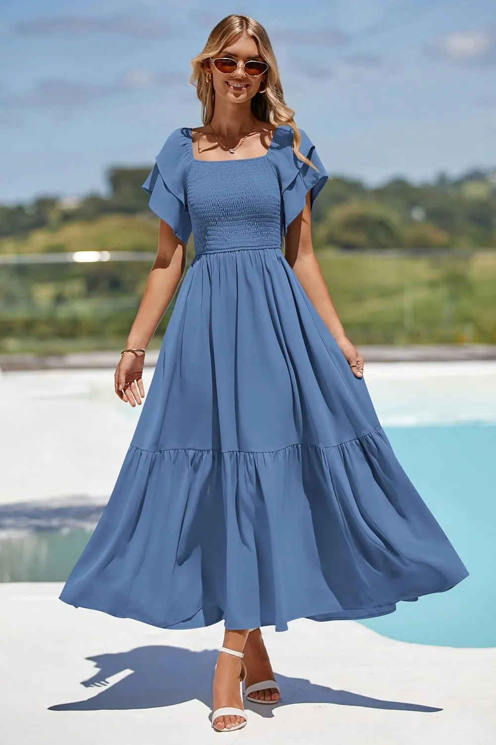 MASCOMODA Womens Summer Casual Midi Dress Square Neck Ruffle Short Sleeve Smocked High Waist A Line Wedding Guest Dresses