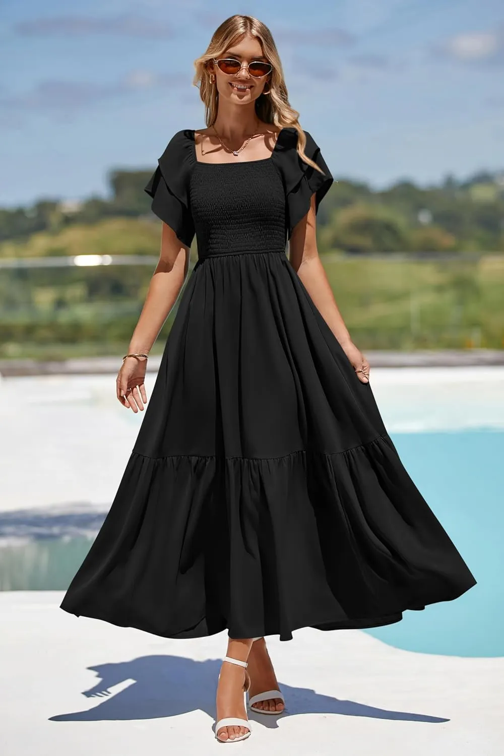 MASCOMODA Womens Summer Casual Midi Dress Square Neck Ruffle Short Sleeve Smocked High Waist A Line Wedding Guest Dresses