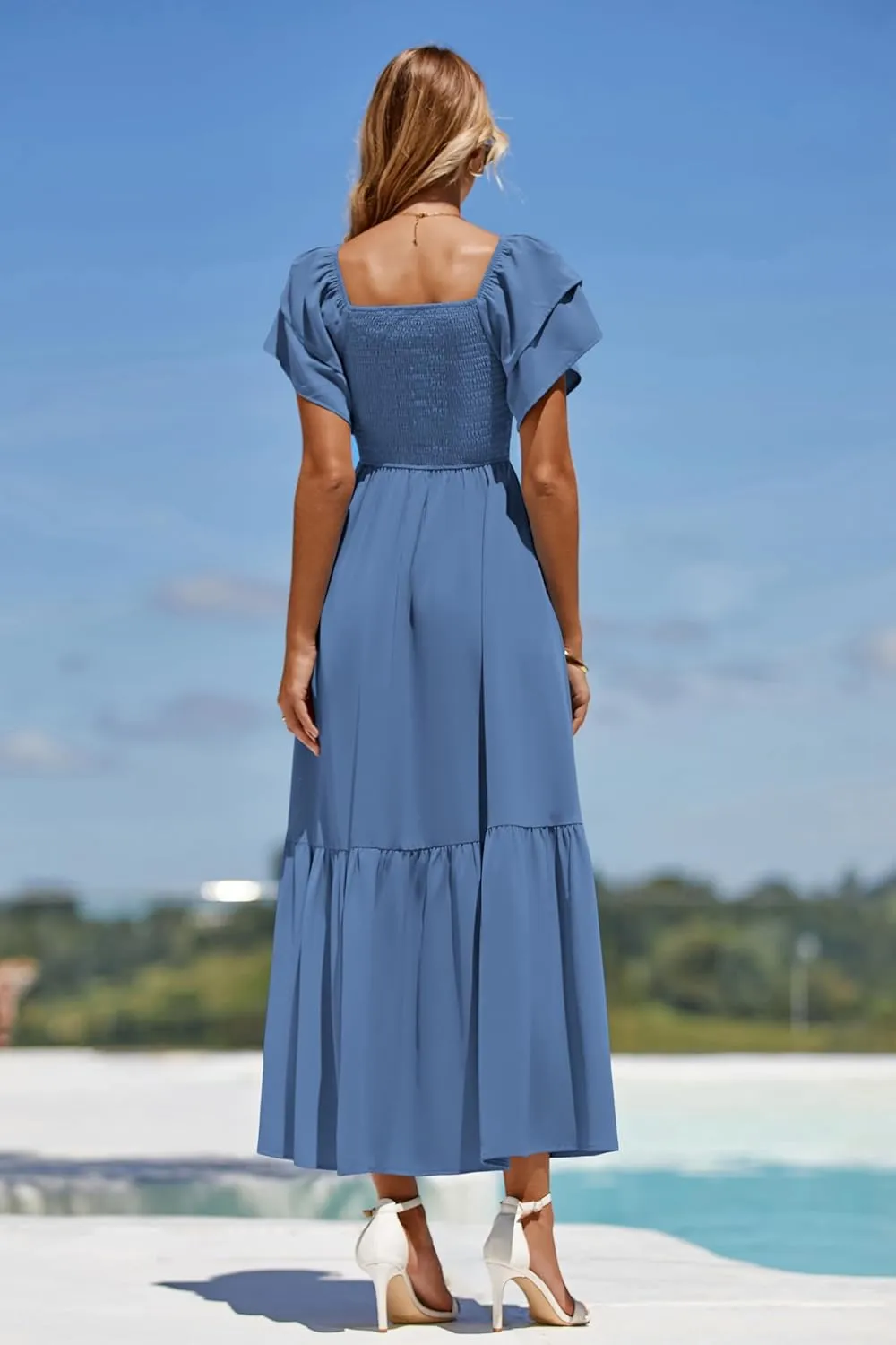 MASCOMODA Womens Summer Casual Midi Dress Square Neck Ruffle Short Sleeve Smocked High Waist A Line Wedding Guest Dresses