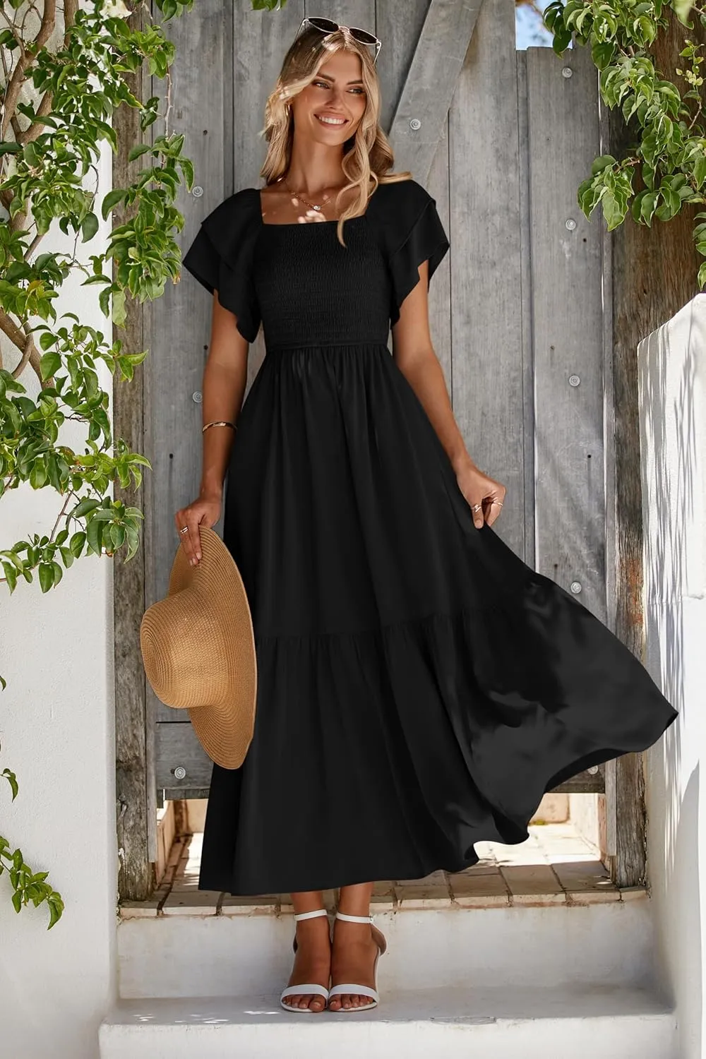 MASCOMODA Womens Summer Casual Midi Dress Square Neck Ruffle Short Sleeve Smocked High Waist A Line Wedding Guest Dresses