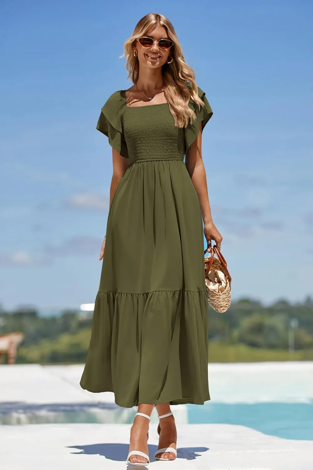 MASCOMODA Womens Summer Casual Midi Dress Square Neck Ruffle Short Sleeve Smocked High Waist A Line Wedding Guest Dresses