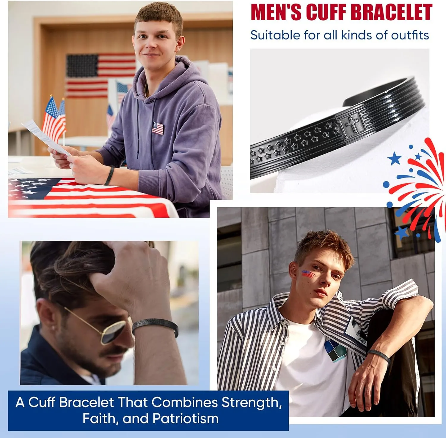 MEALGUET Cross Cuff Bangle Bracelets for Men : Engraved Inspirational Bible Verse American Flag Cross Bracelet Men's Faith Christian Jewelry Gifts for Men Son Dad Brother Husband Daily Prayer