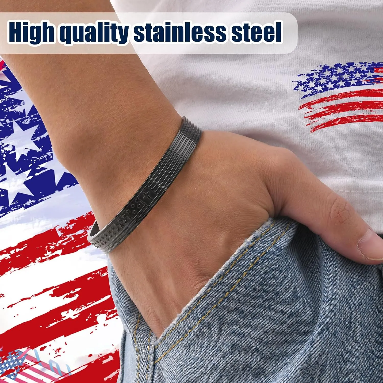 MEALGUET Cross Cuff Bangle Bracelets for Men : Engraved Inspirational Bible Verse American Flag Cross Bracelet Men's Faith Christian Jewelry Gifts for Men Son Dad Brother Husband Daily Prayer