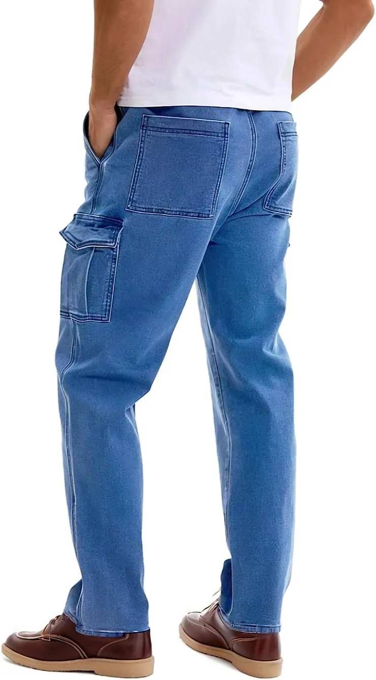 Mens Cargo Jeans with Elastic Waist Relaxed Fit Denim Cargo Pants Men Easy Wear Perfect for Outdoor