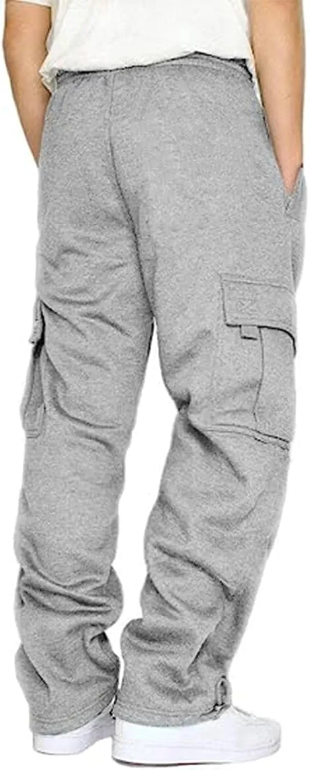 Men's Fleece Cargo Sweatpants Drawstring Loose Fit Joggers Sweats Pants for Adult with Pockets