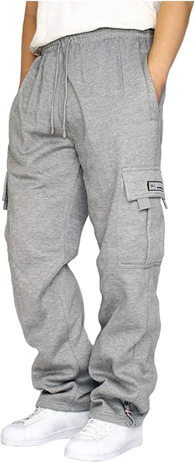 Men's Fleece Cargo Sweatpants Drawstring Loose Fit Joggers Sweats Pants for Adult with Pockets