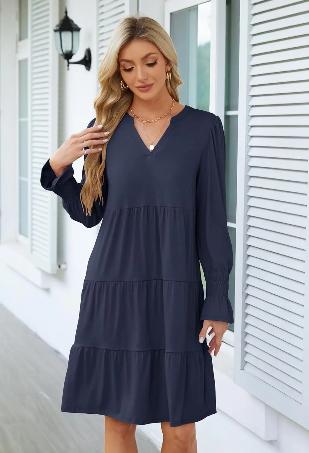MEROKEETY Women's 2024 Long Sleeve Midi Dress V Neck Flowy Swing Ruffle Tiered Fall Casual Dresses