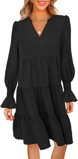MEROKEETY Women's 2024 Long Sleeve Midi Dress V Neck Flowy Swing Ruffle Tiered Fall Casual Dresses