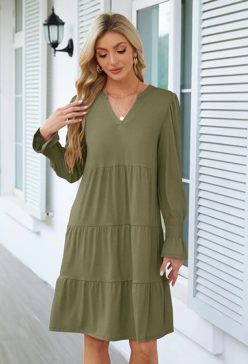 MEROKEETY Women's 2024 Long Sleeve Midi Dress V Neck Flowy Swing Ruffle Tiered Fall Casual Dresses