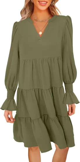 MEROKEETY Women's 2024 Long Sleeve Midi Dress V Neck Flowy Swing Ruffle Tiered Fall Casual Dresses