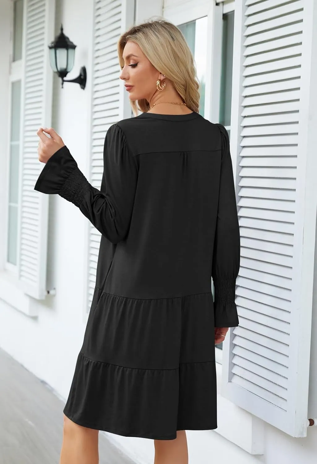 MEROKEETY Women's 2024 Long Sleeve Midi Dress V Neck Flowy Swing Ruffle Tiered Fall Casual Dresses