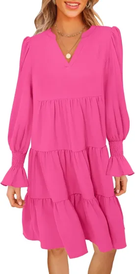 MEROKEETY Women's 2024 Long Sleeve Midi Dress V Neck Flowy Swing Ruffle Tiered Fall Casual Dresses