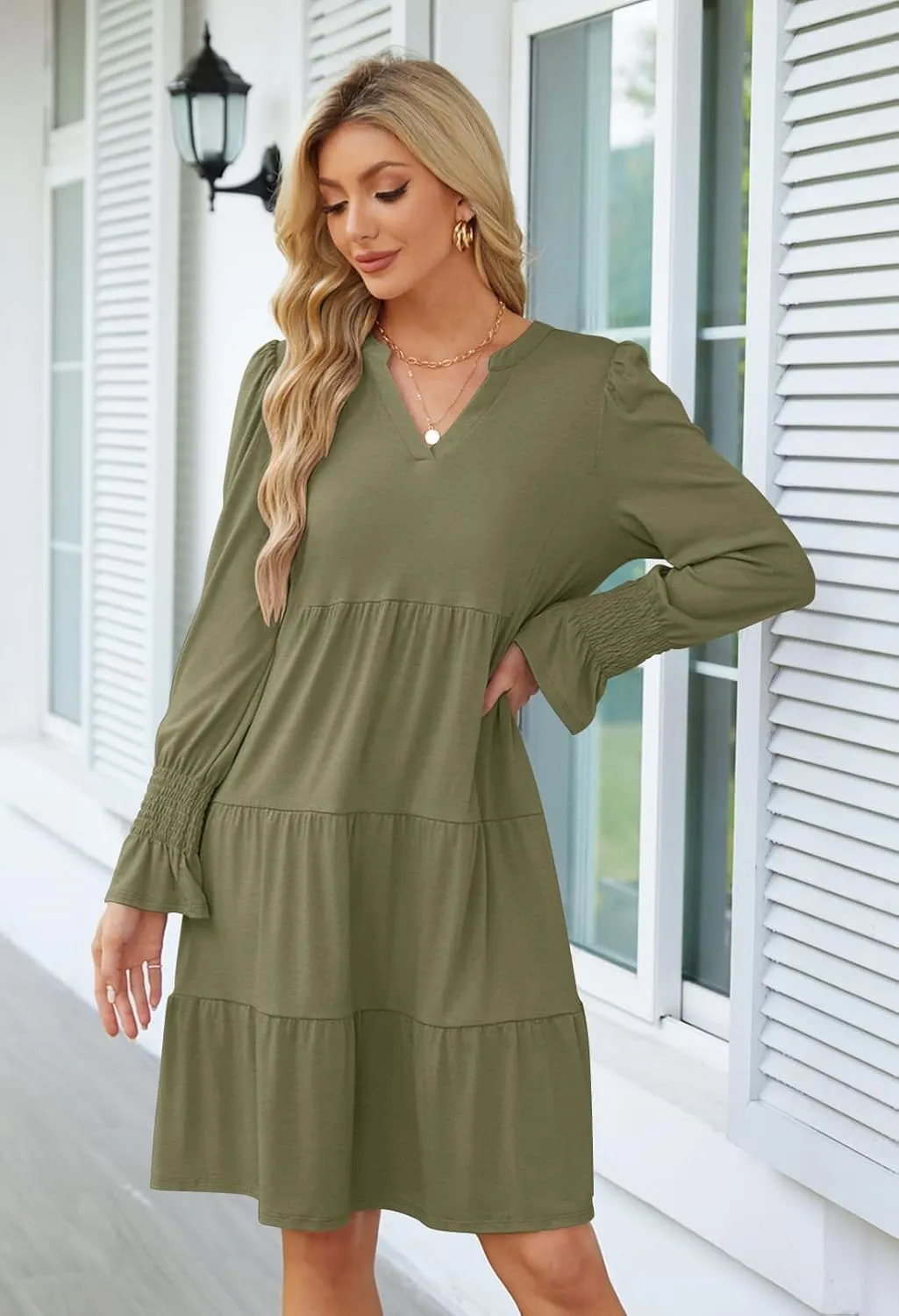 MEROKEETY Women's 2024 Long Sleeve Midi Dress V Neck Flowy Swing Ruffle Tiered Fall Casual Dresses