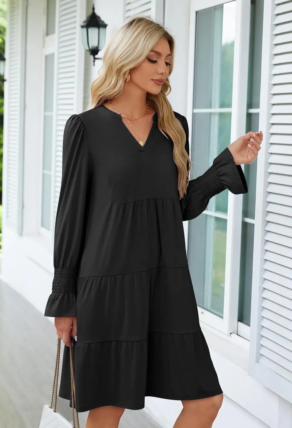 MEROKEETY Women's 2024 Long Sleeve Midi Dress V Neck Flowy Swing Ruffle Tiered Fall Casual Dresses