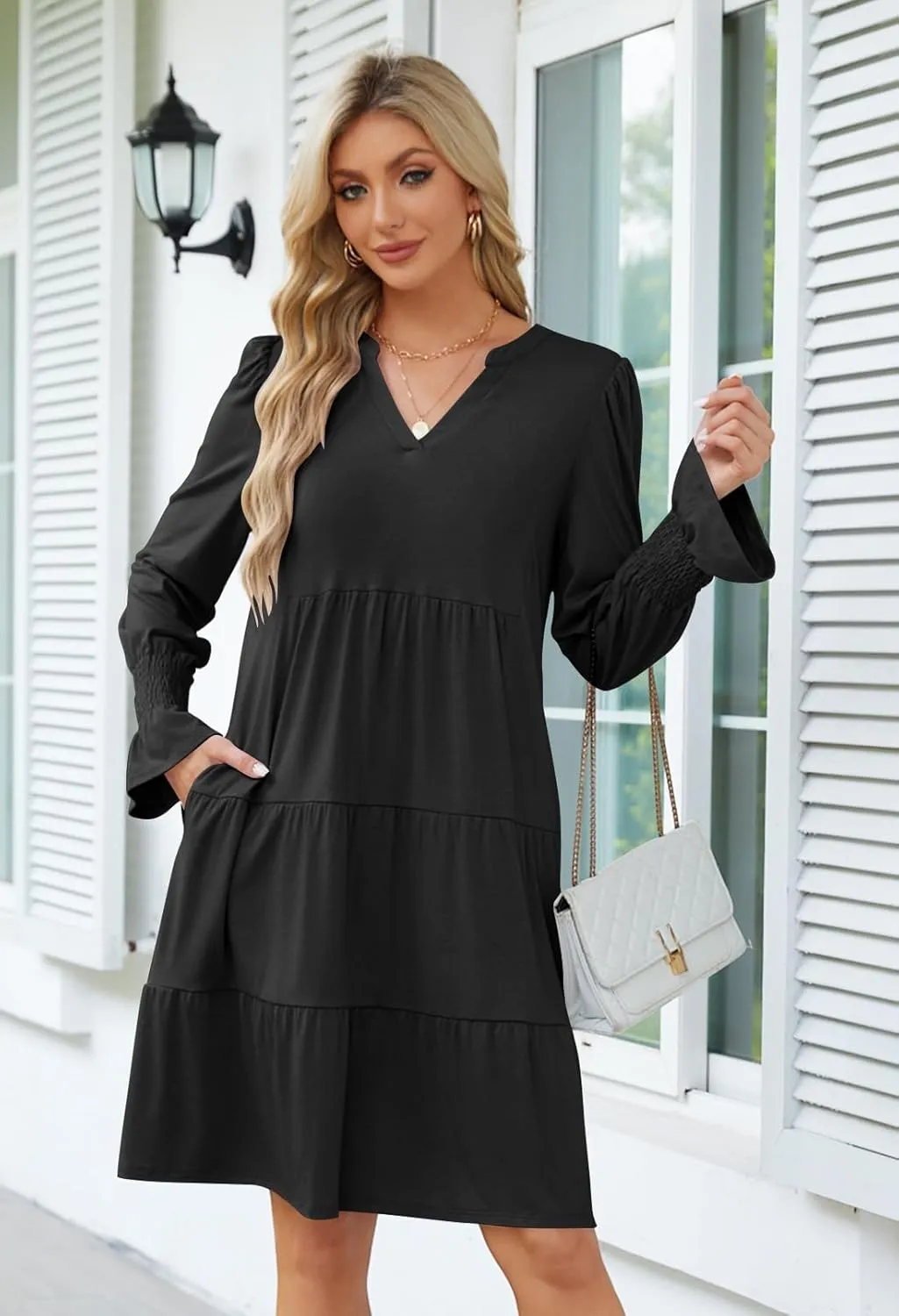 MEROKEETY Women's 2024 Long Sleeve Midi Dress V Neck Flowy Swing Ruffle Tiered Fall Casual Dresses