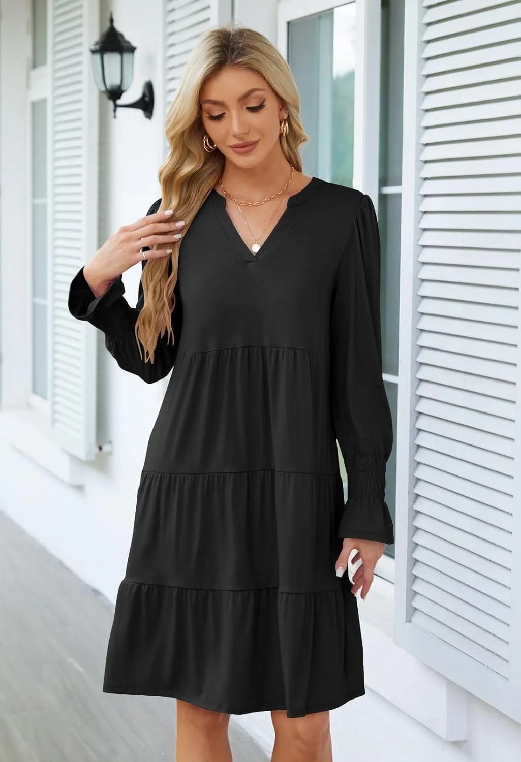 MEROKEETY Women's 2024 Long Sleeve Midi Dress V Neck Flowy Swing Ruffle Tiered Fall Casual Dresses