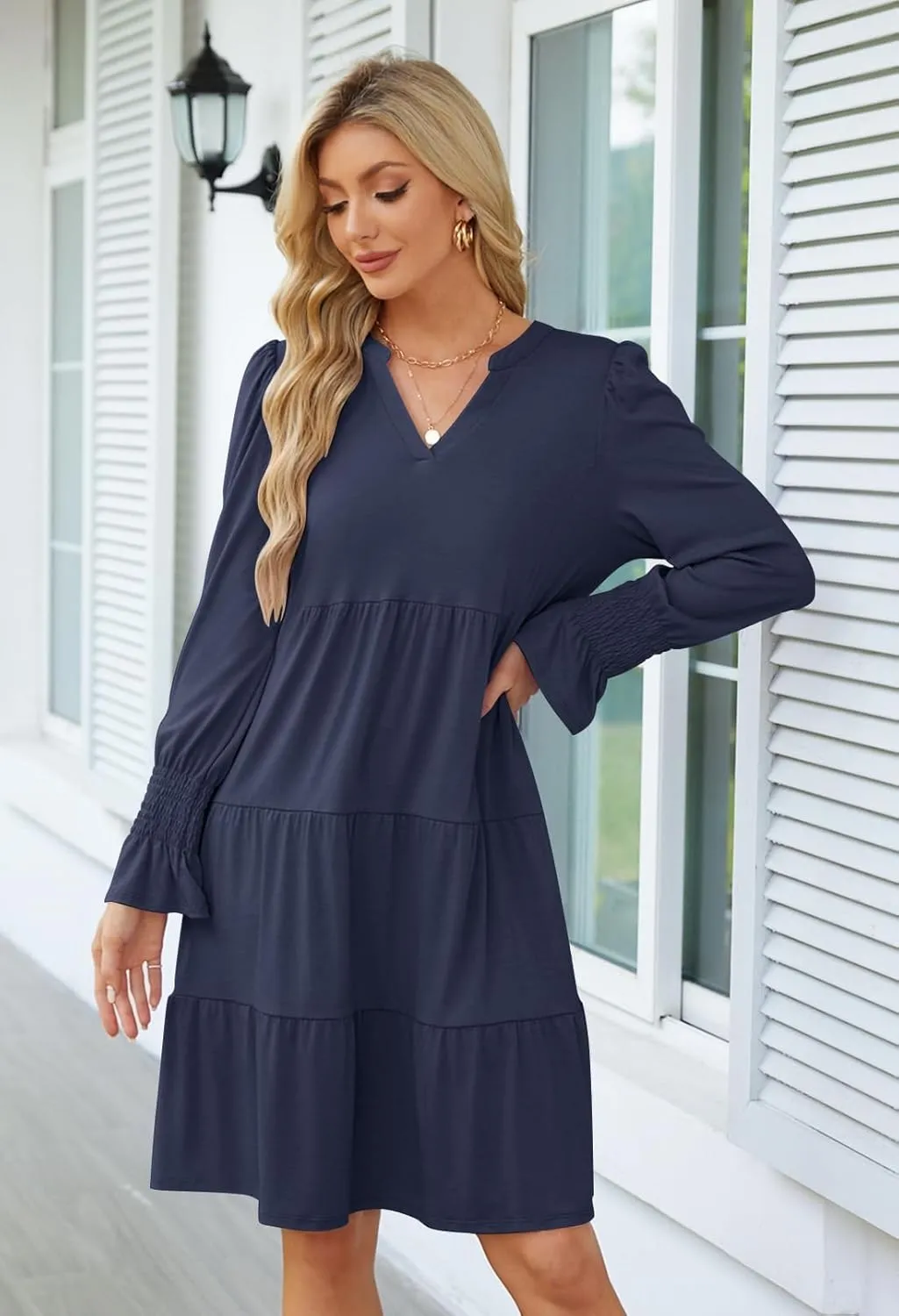 MEROKEETY Women's 2024 Long Sleeve Midi Dress V Neck Flowy Swing Ruffle Tiered Fall Casual Dresses