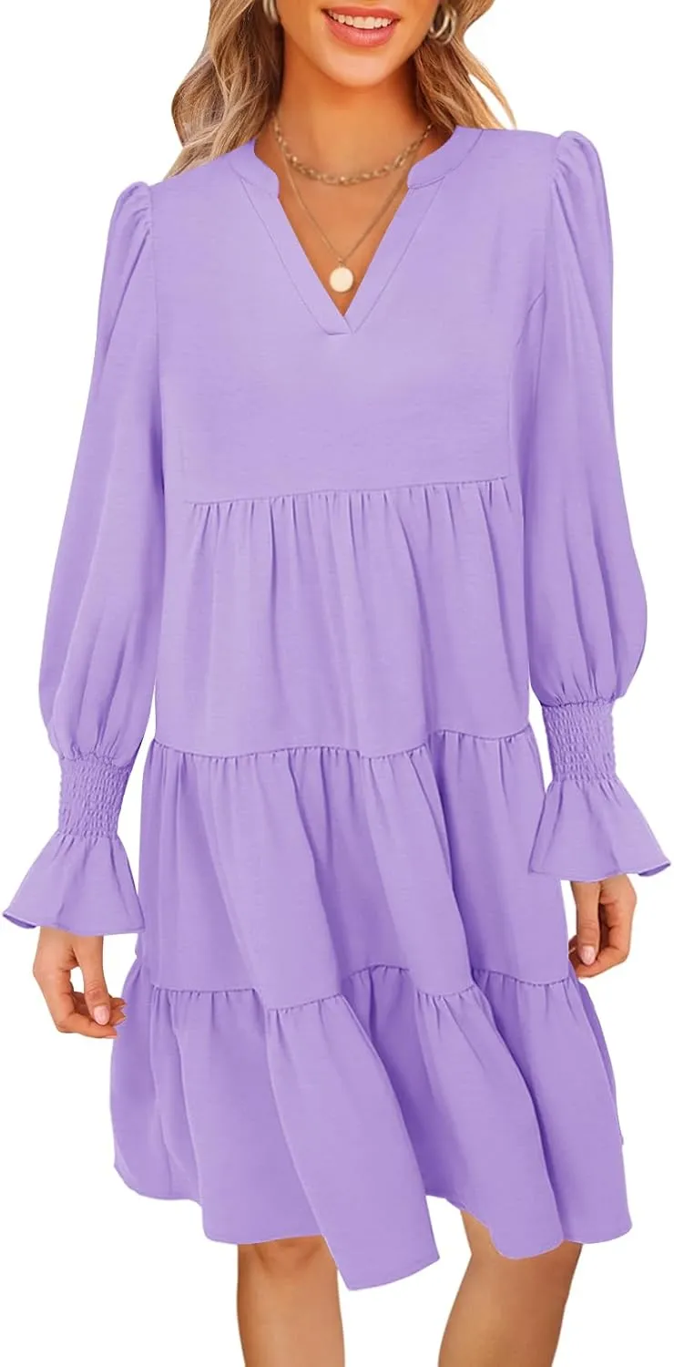 MEROKEETY Women's 2024 Long Sleeve Midi Dress V Neck Flowy Swing Ruffle Tiered Fall Casual Dresses