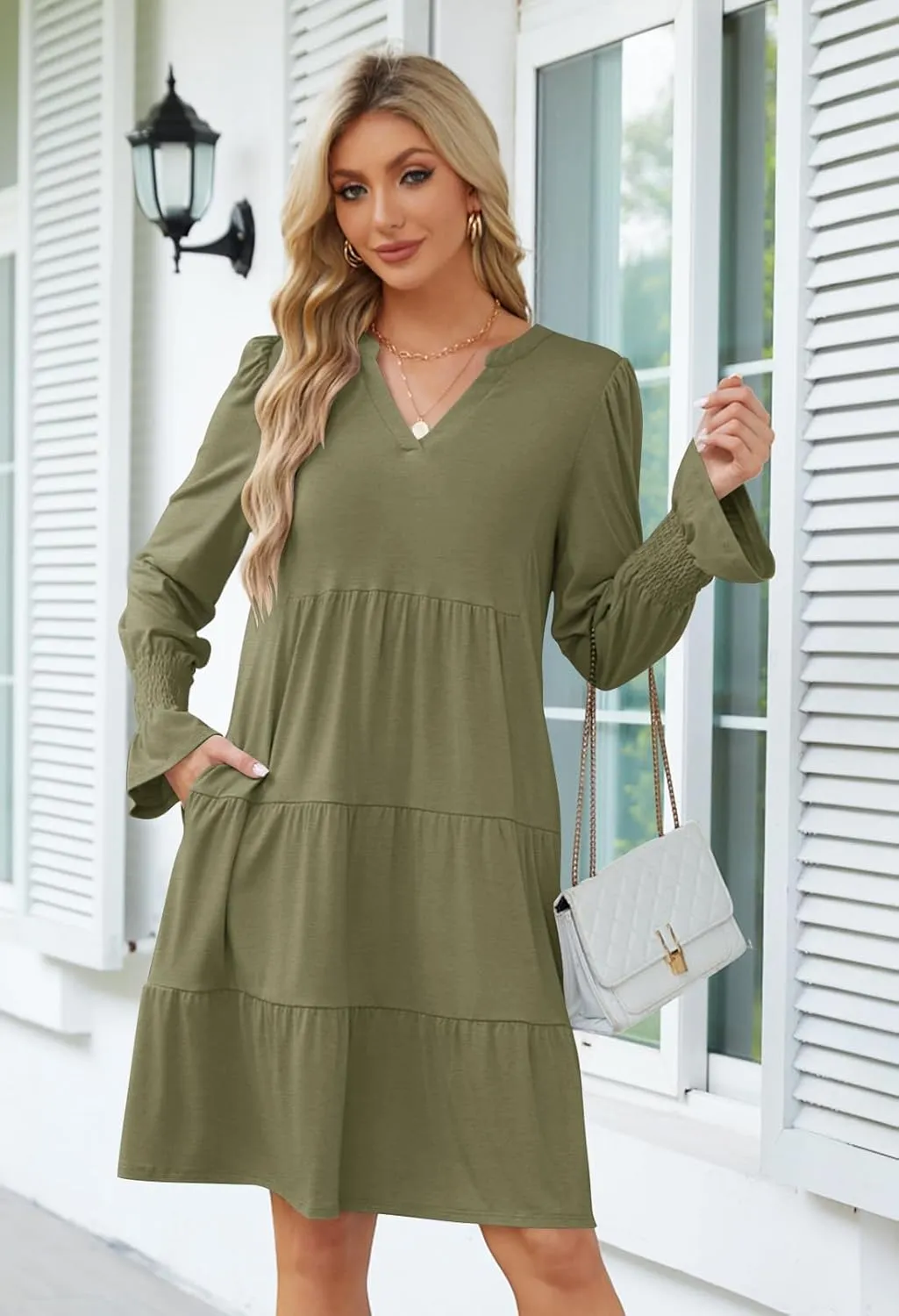 MEROKEETY Women's 2024 Long Sleeve Midi Dress V Neck Flowy Swing Ruffle Tiered Fall Casual Dresses