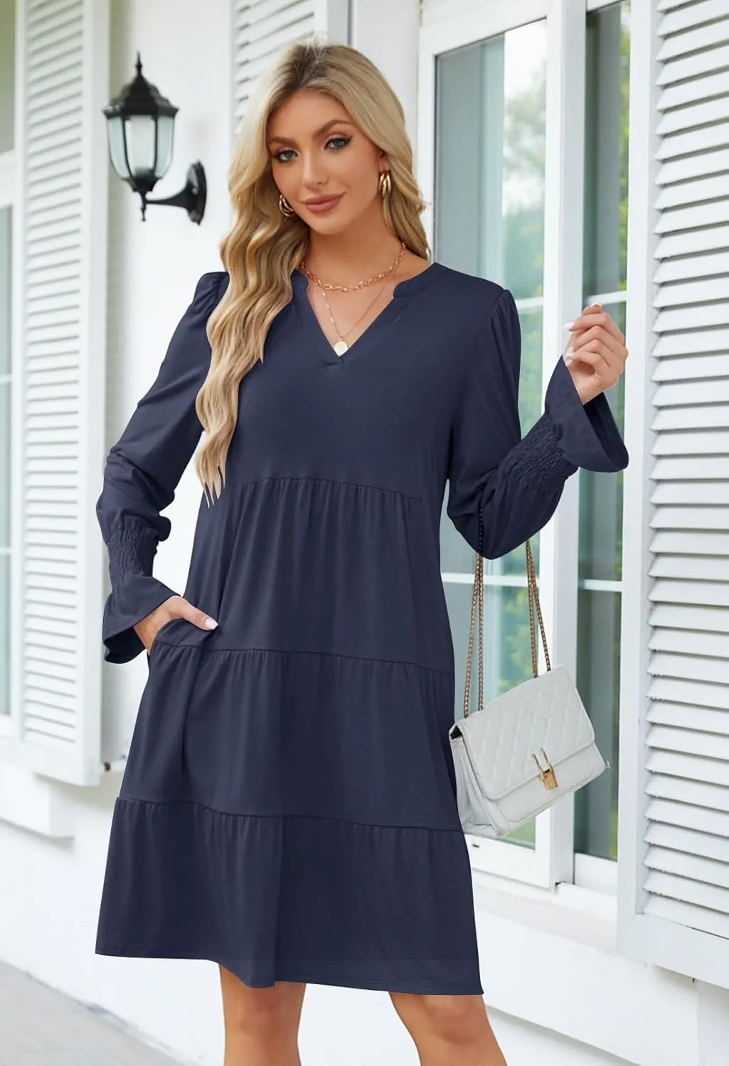 MEROKEETY Women's 2024 Long Sleeve Midi Dress V Neck Flowy Swing Ruffle Tiered Fall Casual Dresses