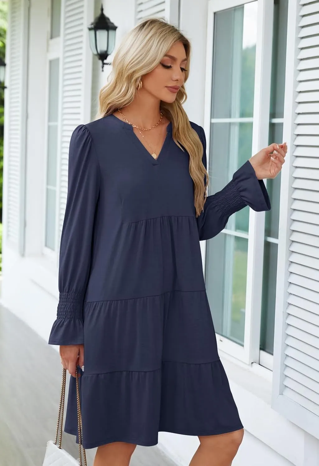 MEROKEETY Women's 2024 Long Sleeve Midi Dress V Neck Flowy Swing Ruffle Tiered Fall Casual Dresses
