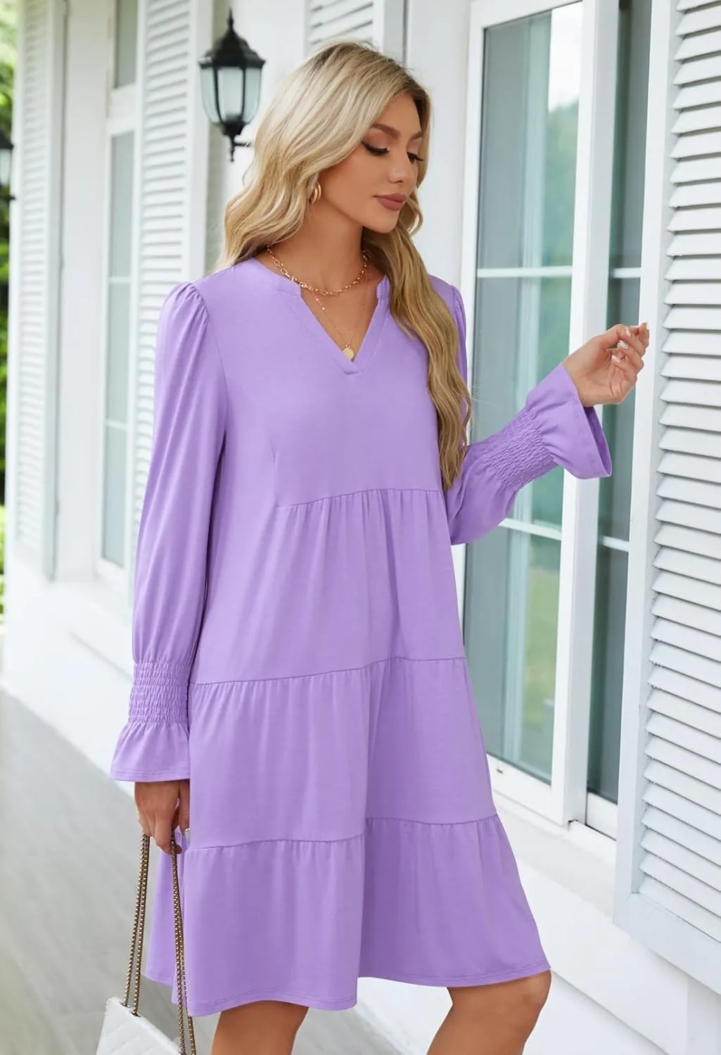 MEROKEETY Women's 2024 Long Sleeve Midi Dress V Neck Flowy Swing Ruffle Tiered Fall Casual Dresses