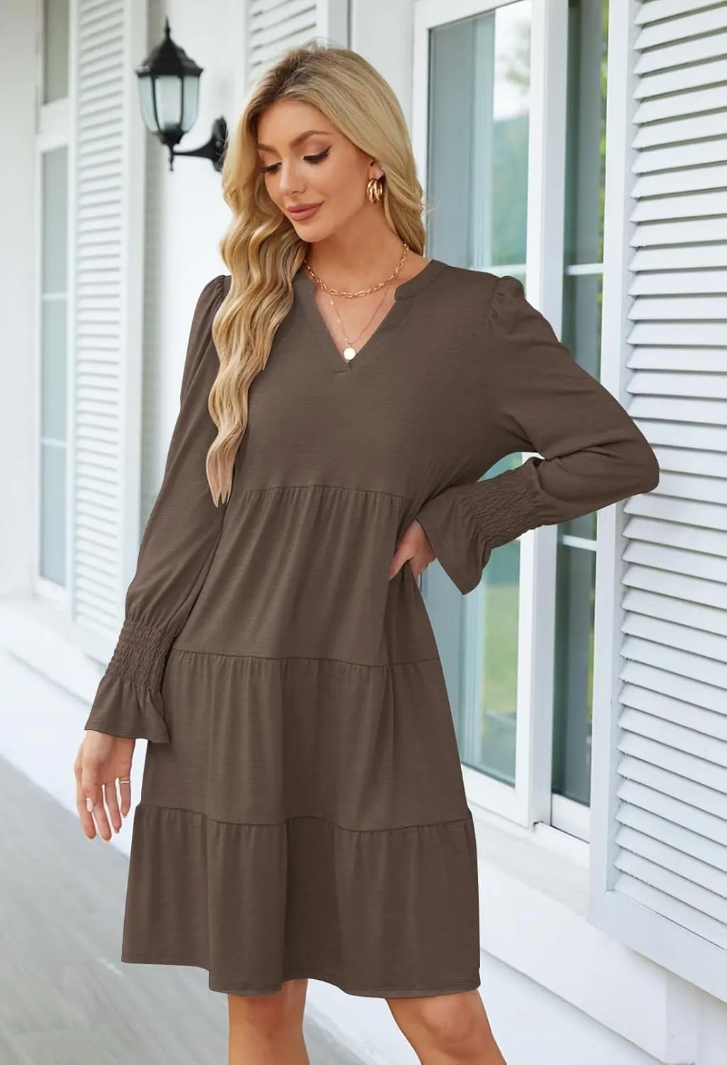 MEROKEETY Women's 2024 Long Sleeve Midi Dress V Neck Flowy Swing Ruffle Tiered Fall Casual Dresses