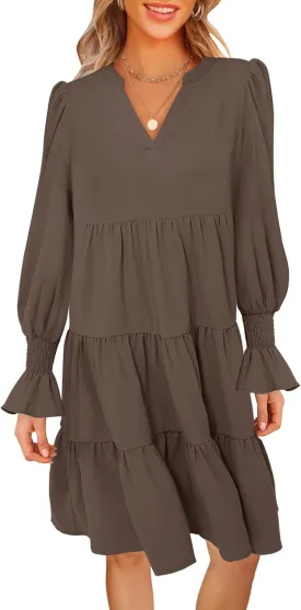MEROKEETY Women's 2024 Long Sleeve Midi Dress V Neck Flowy Swing Ruffle Tiered Fall Casual Dresses