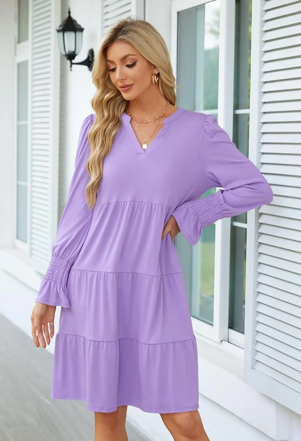 MEROKEETY Women's 2024 Long Sleeve Midi Dress V Neck Flowy Swing Ruffle Tiered Fall Casual Dresses