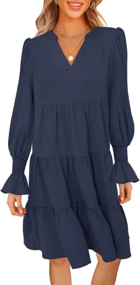 MEROKEETY Women's 2024 Long Sleeve Midi Dress V Neck Flowy Swing Ruffle Tiered Fall Casual Dresses