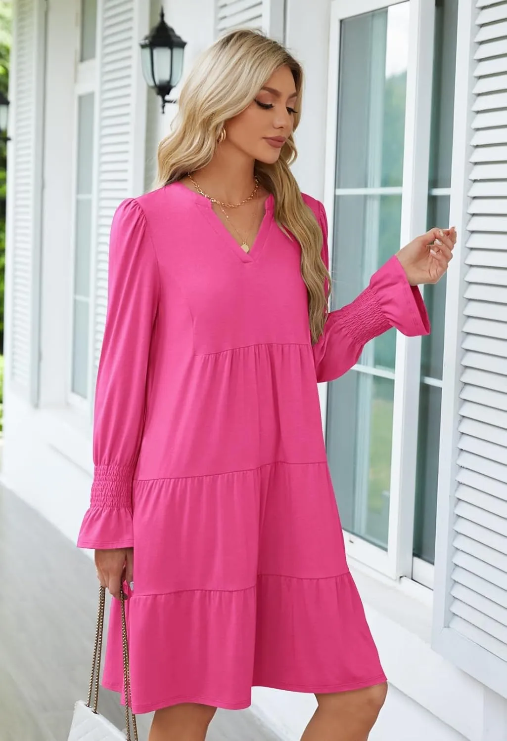 MEROKEETY Women's 2024 Long Sleeve Midi Dress V Neck Flowy Swing Ruffle Tiered Fall Casual Dresses
