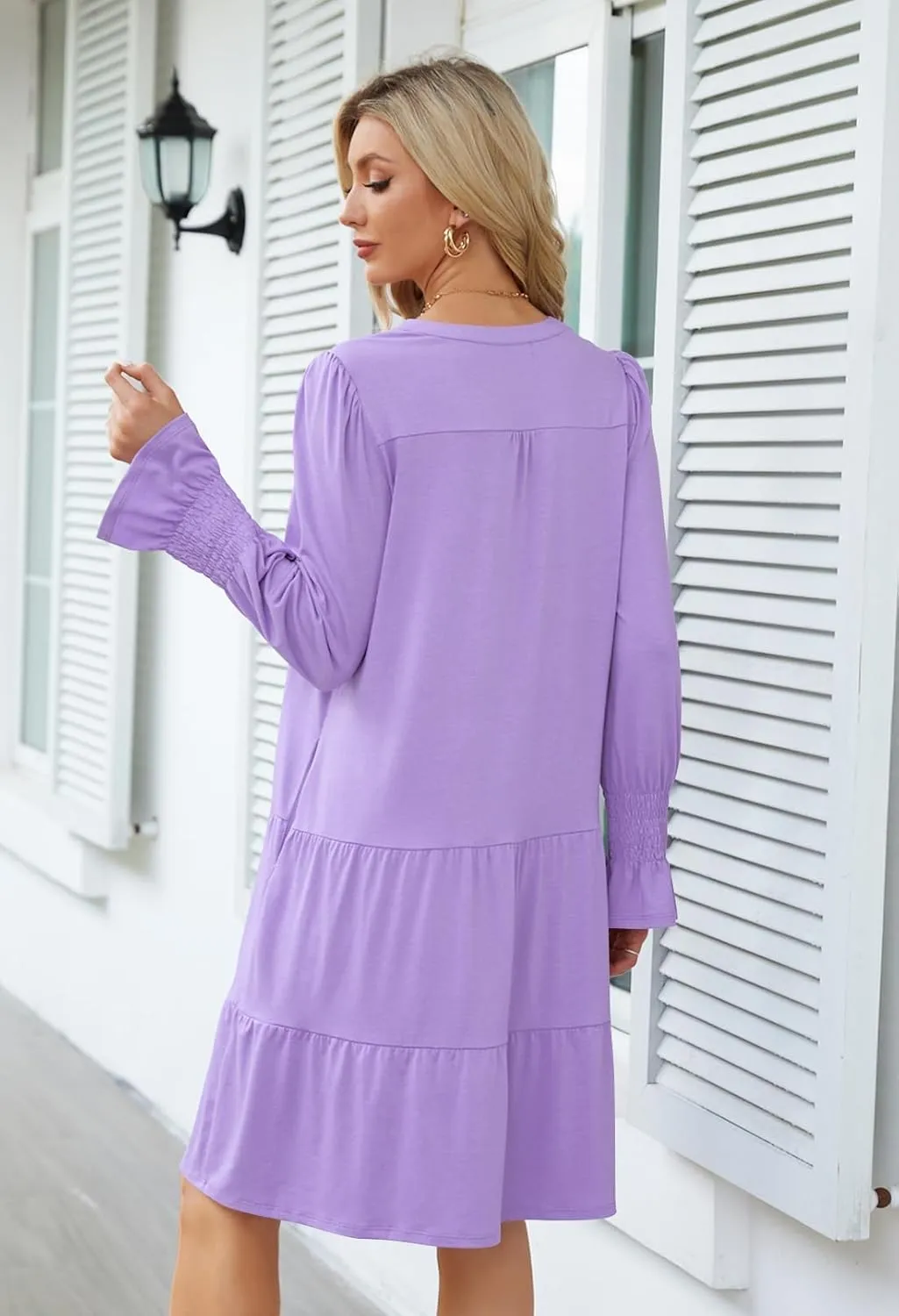 MEROKEETY Women's 2024 Long Sleeve Midi Dress V Neck Flowy Swing Ruffle Tiered Fall Casual Dresses