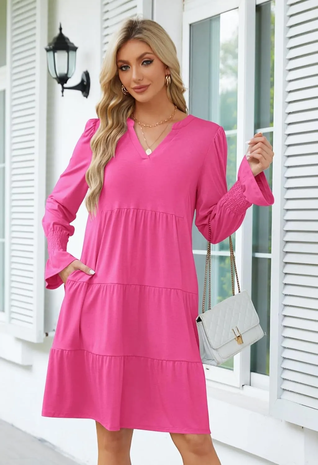 MEROKEETY Women's 2024 Long Sleeve Midi Dress V Neck Flowy Swing Ruffle Tiered Fall Casual Dresses