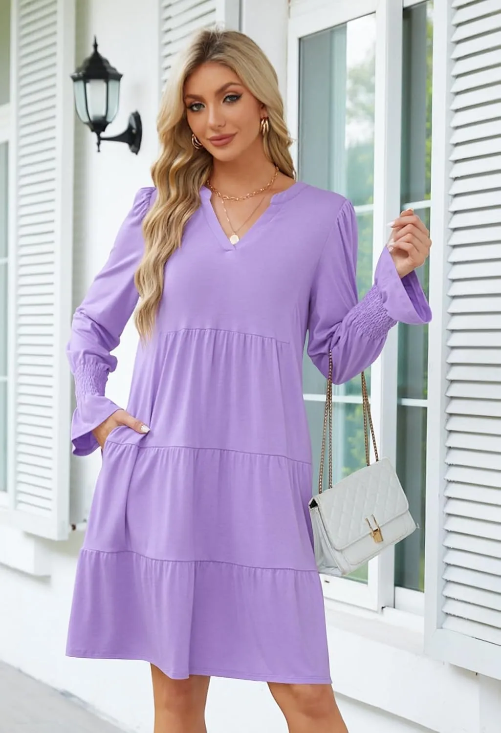 MEROKEETY Women's 2024 Long Sleeve Midi Dress V Neck Flowy Swing Ruffle Tiered Fall Casual Dresses